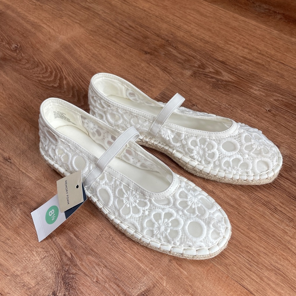 Mary Jane Espadrille Flats Floral Lace Size 8.5 White Coastal Beach Bridal Femme